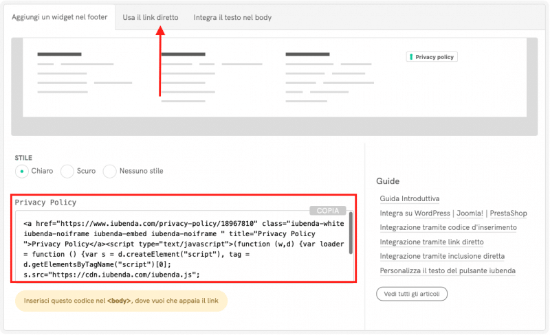 Privacy policy iubenda integrazione sito web