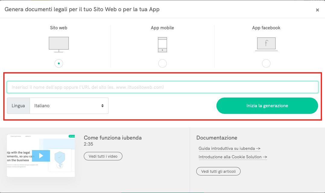 Privacy policy iubenda url lingua