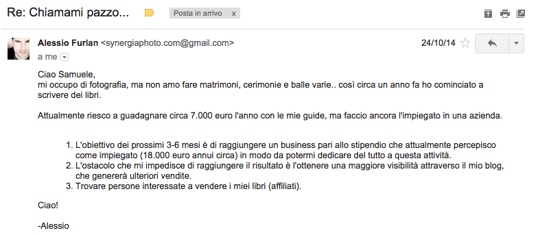 La mail Alessio Furlan a Samuele Onelia